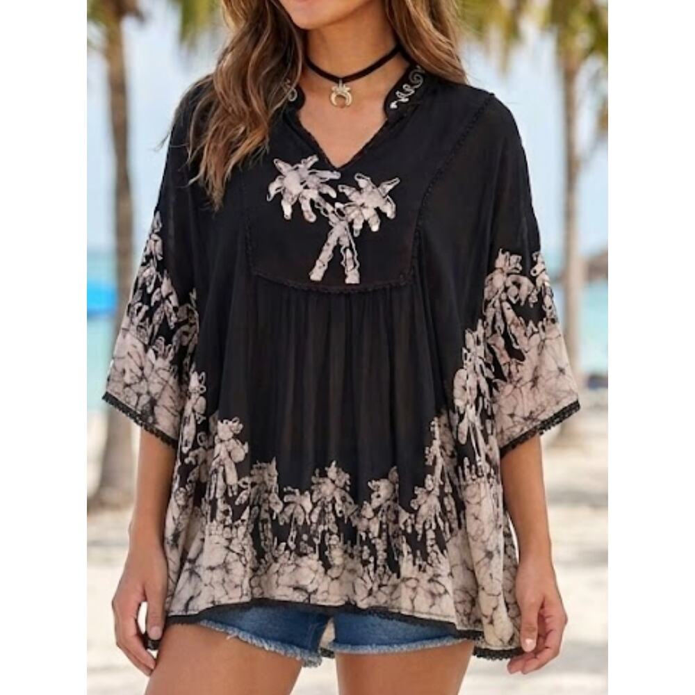 ADVANCED APPARELS Black Batik Free Size Boho Cotton Handkerchief Hem Top